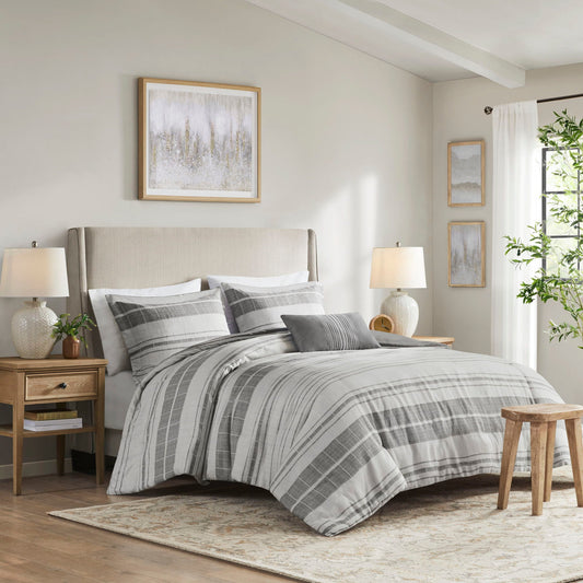 Rhodes - 4 Piece Stripe Comforter Set With Throw Pillow - Gray/Multi Madison Park
