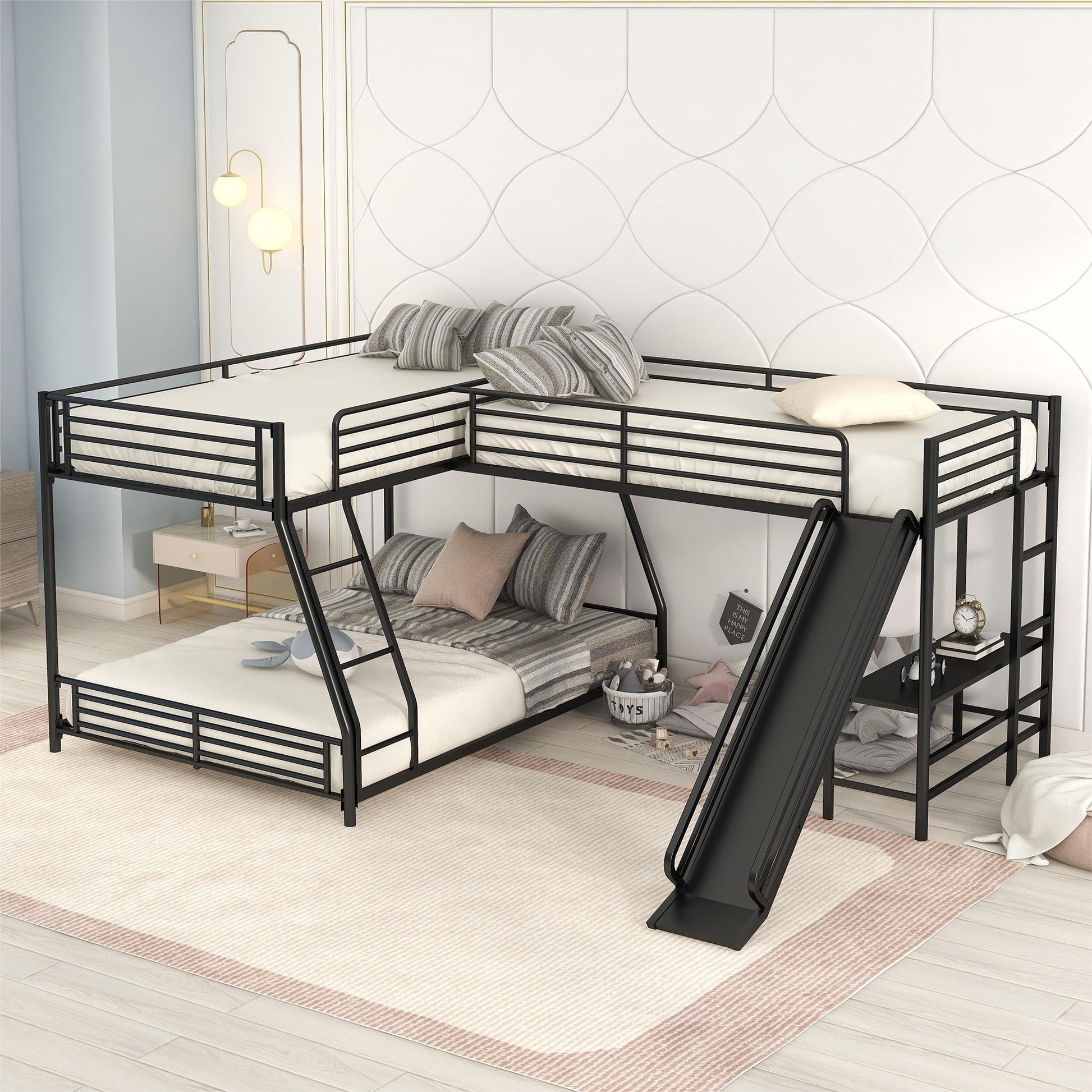 L-Shaped Twin Over Full Bunk Bed With Twin Loft, Built In Desk And Slide - Black Hearth and Haven