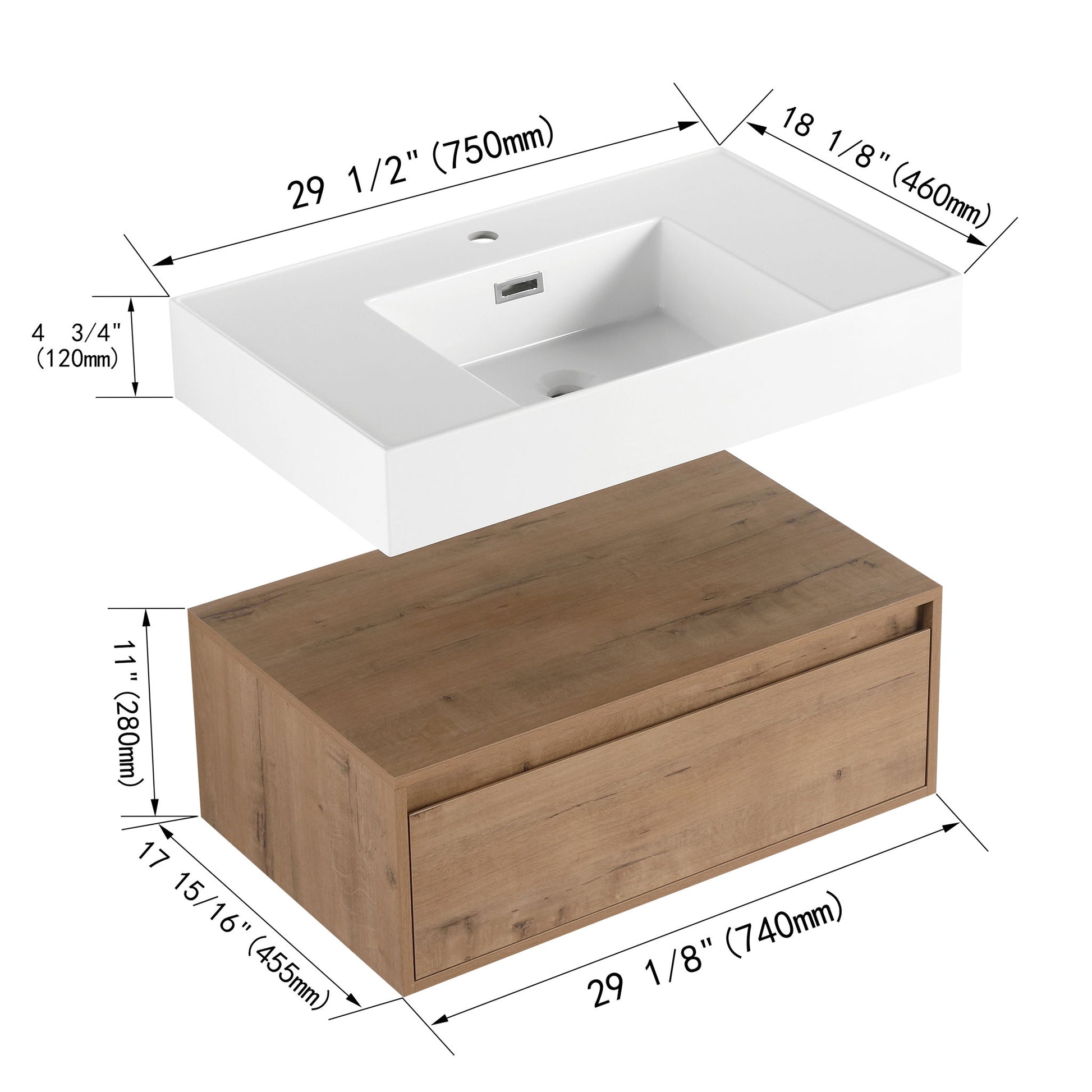 Wall Mounted Bathroom Vanity With Resin Sink And Soft Close Drawer In Imitative - Imitative Oak Home Essentials