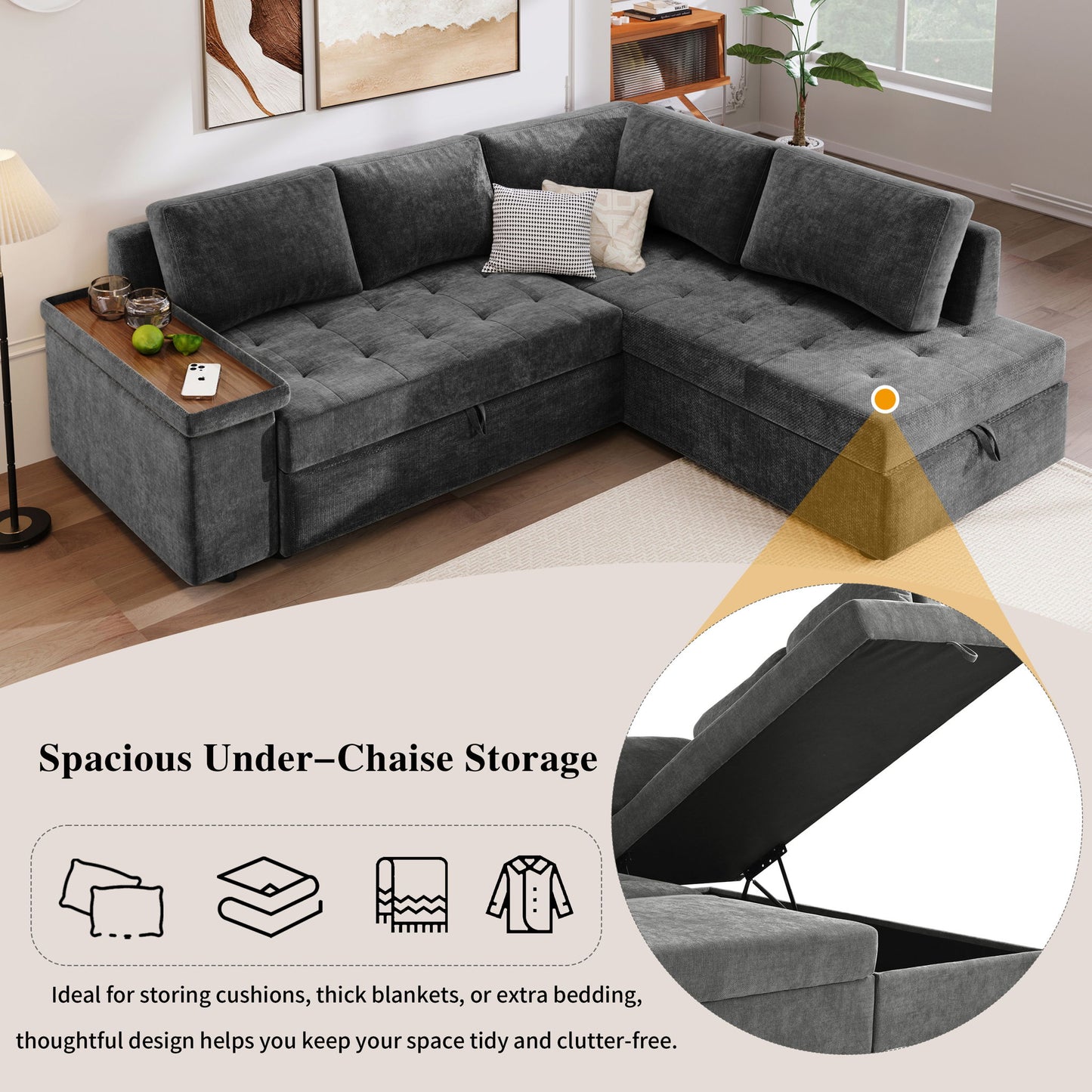 L Shaped Couch With Pull Out Bed And Storage Sectional Sleeper Sofa With Hidden Storage, Wide Armrest With Storage, For Living Room, Apartment, Bedroom, Office Noble House