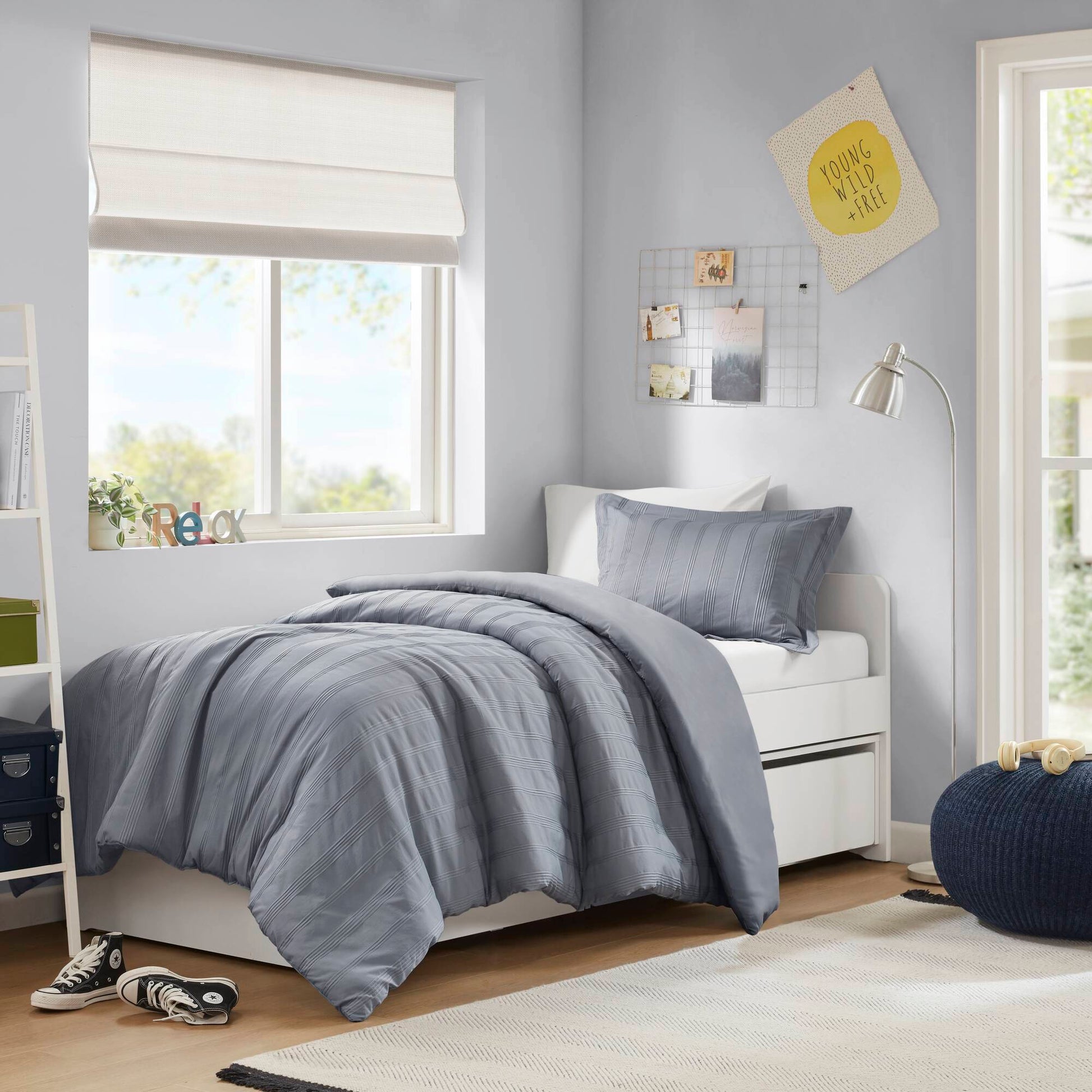 Logan - Twin/Twin Long Striped Duvet Set - Blue/Gray Super Listing