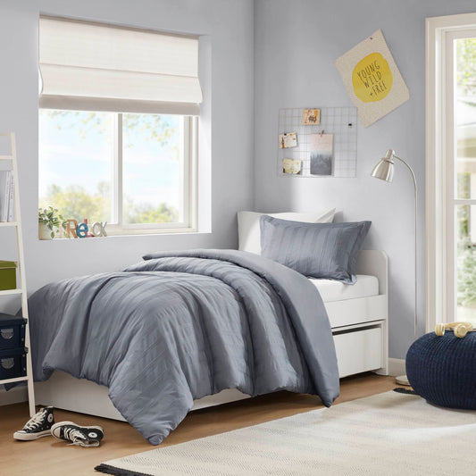Logan - Twin/Twin Long Striped Duvet Set - Blue/Gray Super Listing