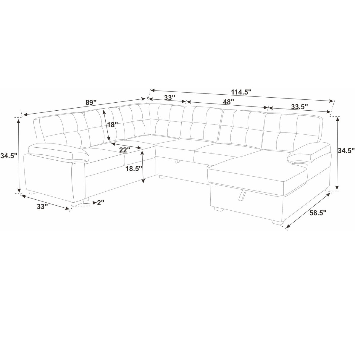 U Shape Sectional Sleeper Sofa With Pull Out Bed And Storage Chaise - Black Home Essentials