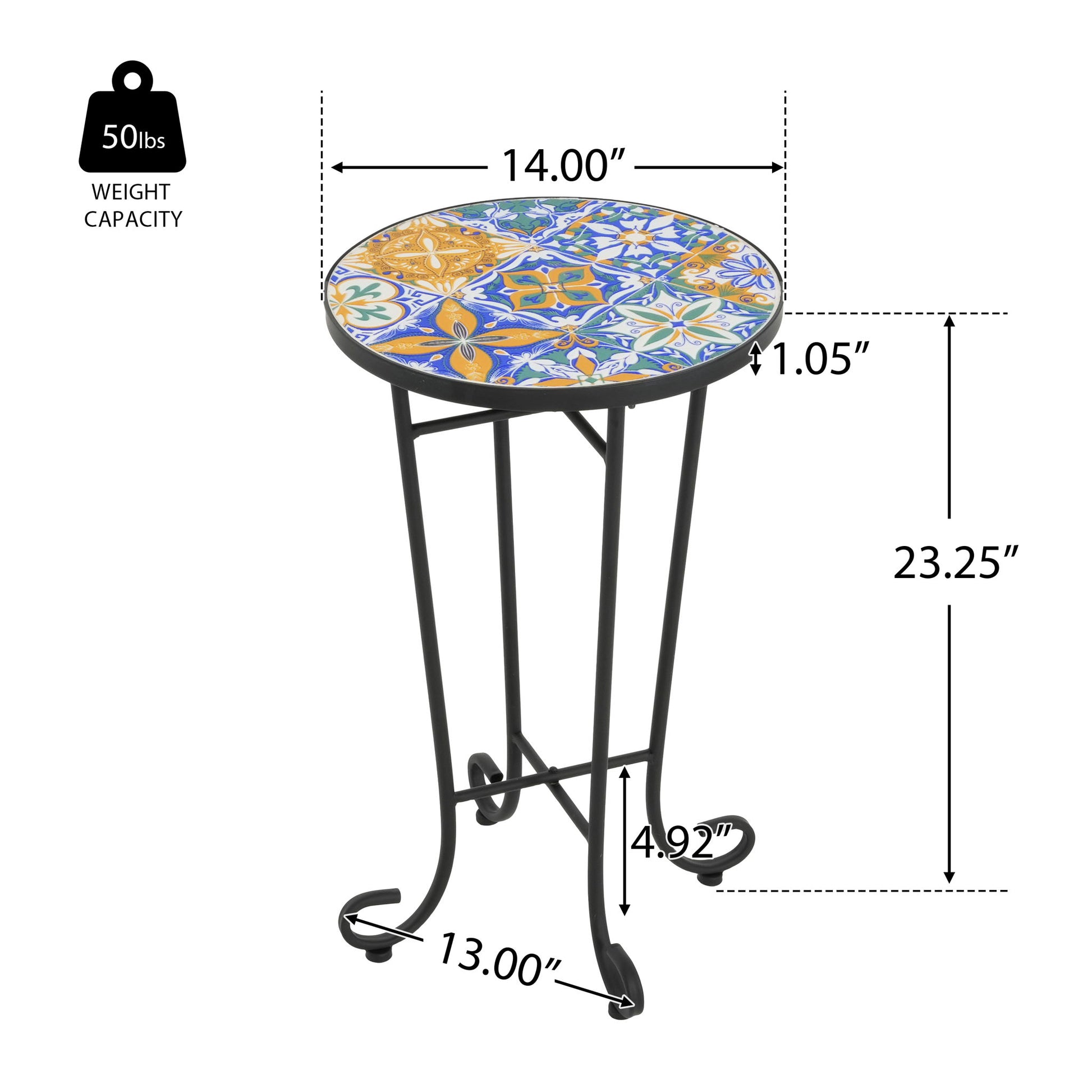 French Country Patio Side Table With Vibrant Tile Top Noble House