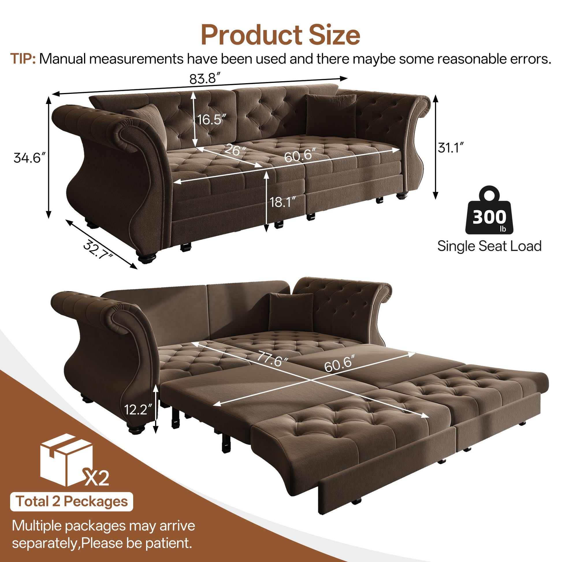Oversized Chesterfield Pull Out Sofa Bed, Roll Arm Couch With Flower Tufting For Living Room Home Essentials