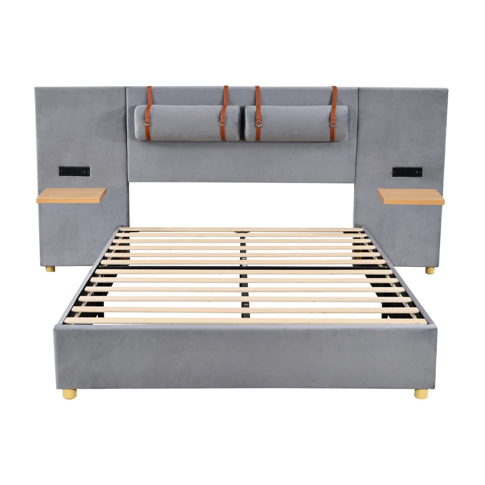 Upholstered Platform Bed, 2 Outlets And USB Charging Ports On Both Sides, 2 Bedside Pillows, Storage Shelves Halcyon Home