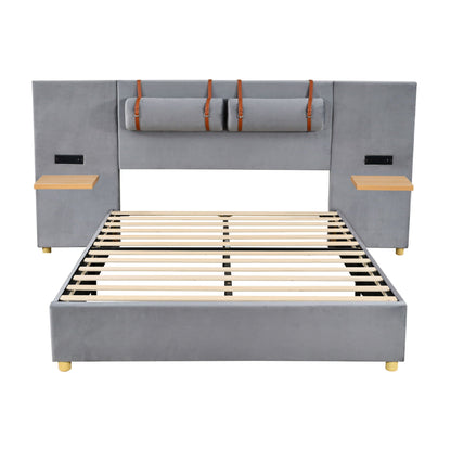 Upholstered Platform Bed, 2 Outlets And USB Charging Ports On Both Sides, 2 Bedside Pillows, Storage Shelves Halcyon Home
