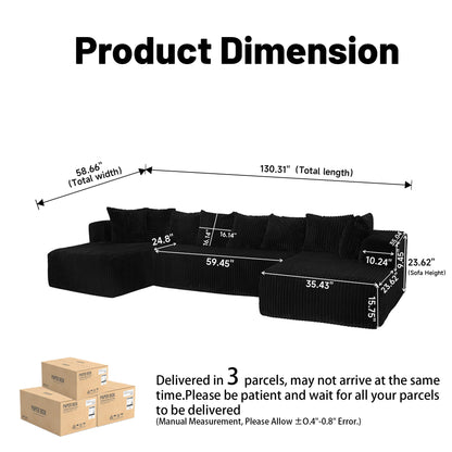 Modular U-Shaped Sectional Sofa, 4 Seater Chaise Lounge With Reversible Design Striped - Black Home Essentials