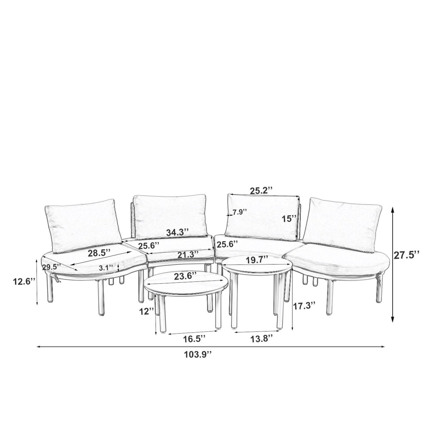 6 Piece Patio Set, Half Moon Outdoor Sectional Sofa With 2 High Low Coffee Tables, 4 Pillows & Cushions Hearth and Haven