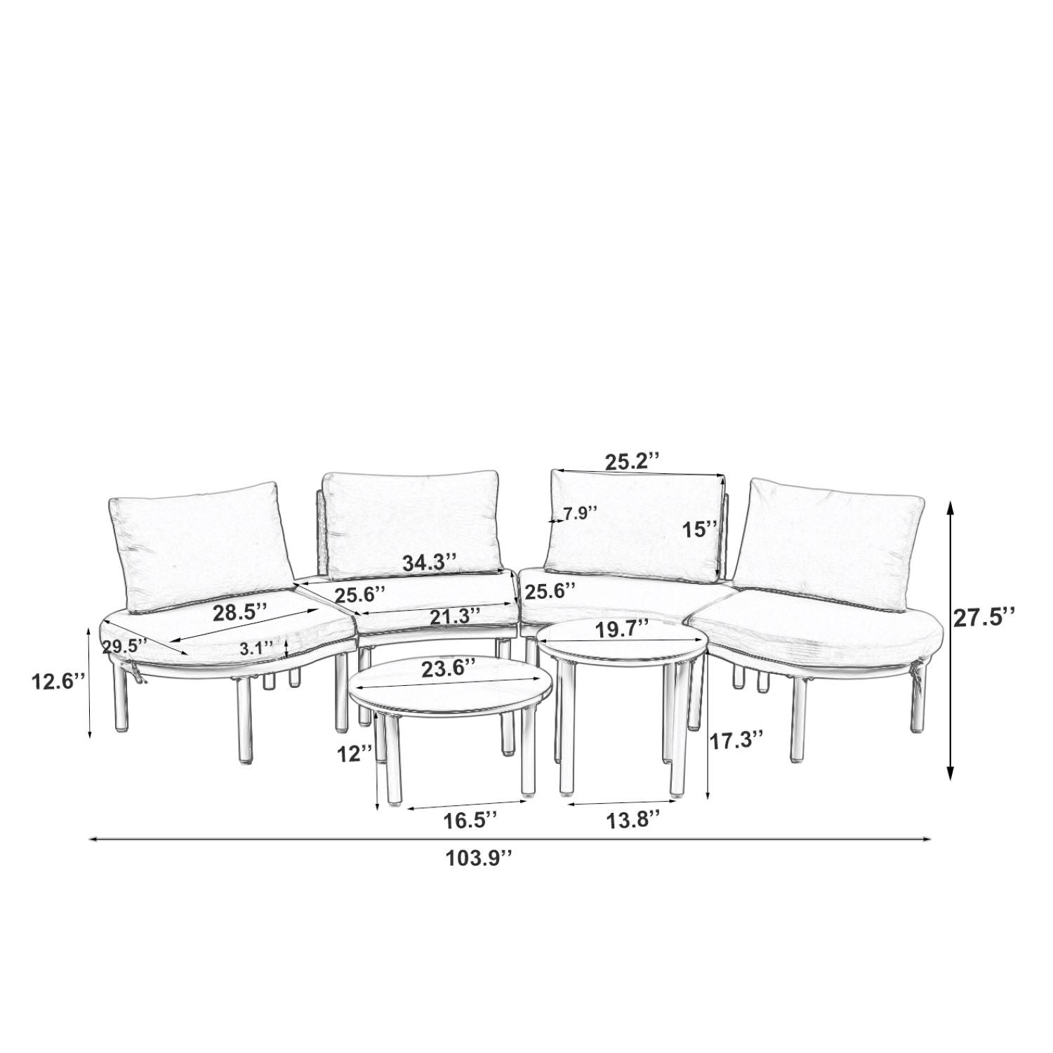 6 Piece Patio Set, Half Moon Outdoor Sectional Sofa With 2 High Low Coffee Tables, 4 Pillows & Cushions Hearth and Haven