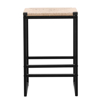 Boho Style Backless Bar Stools (Set of 2) With Paper Rope Woven Seat & Metal Frame For Kitchen Counter Home Essentials