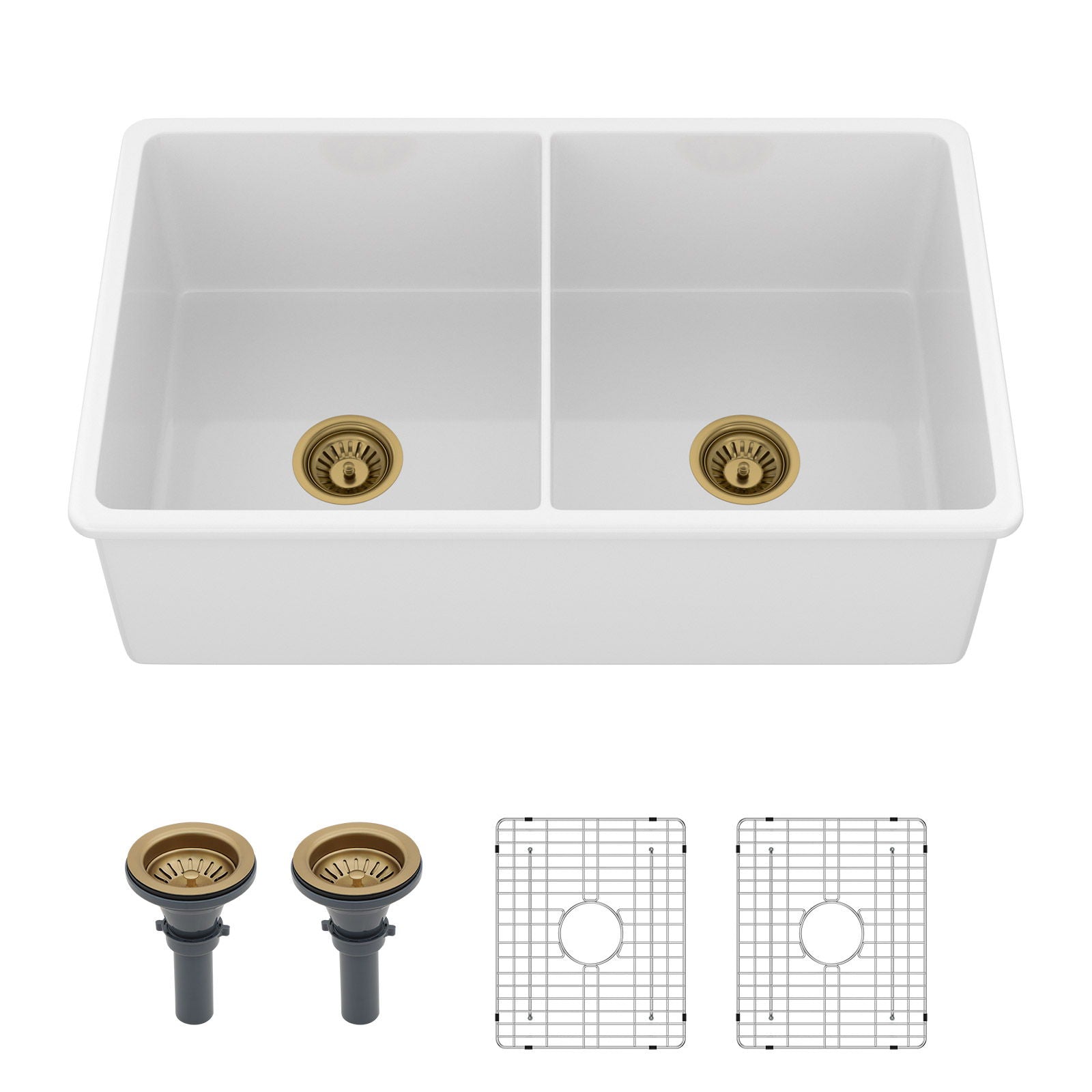 32" Undermount Double Bowl Kitchen Sink Rectangular Deep Dual Bas With Grids - White Daily Nest