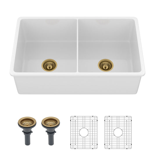 32" Undermount Double Bowl Kitchen Sink Rectangular Deep Dual Bas With Grids - White Daily Nest