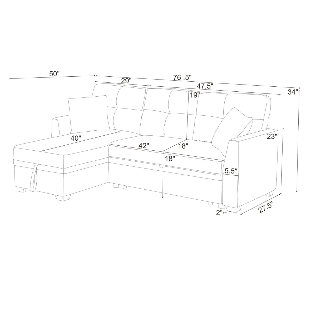 Upholstered Sectional & Pull Out Bed And Chaise Storage Home Essentials