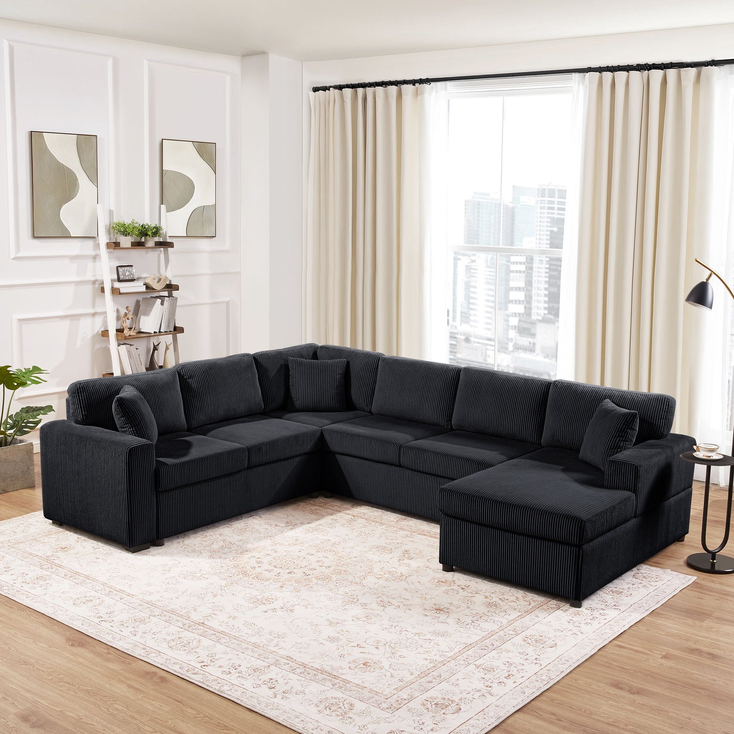Oversized Sectional U-Shaped Sofa With Chaise Lounge And Three Soft Throw Pillows Hearth and Haven