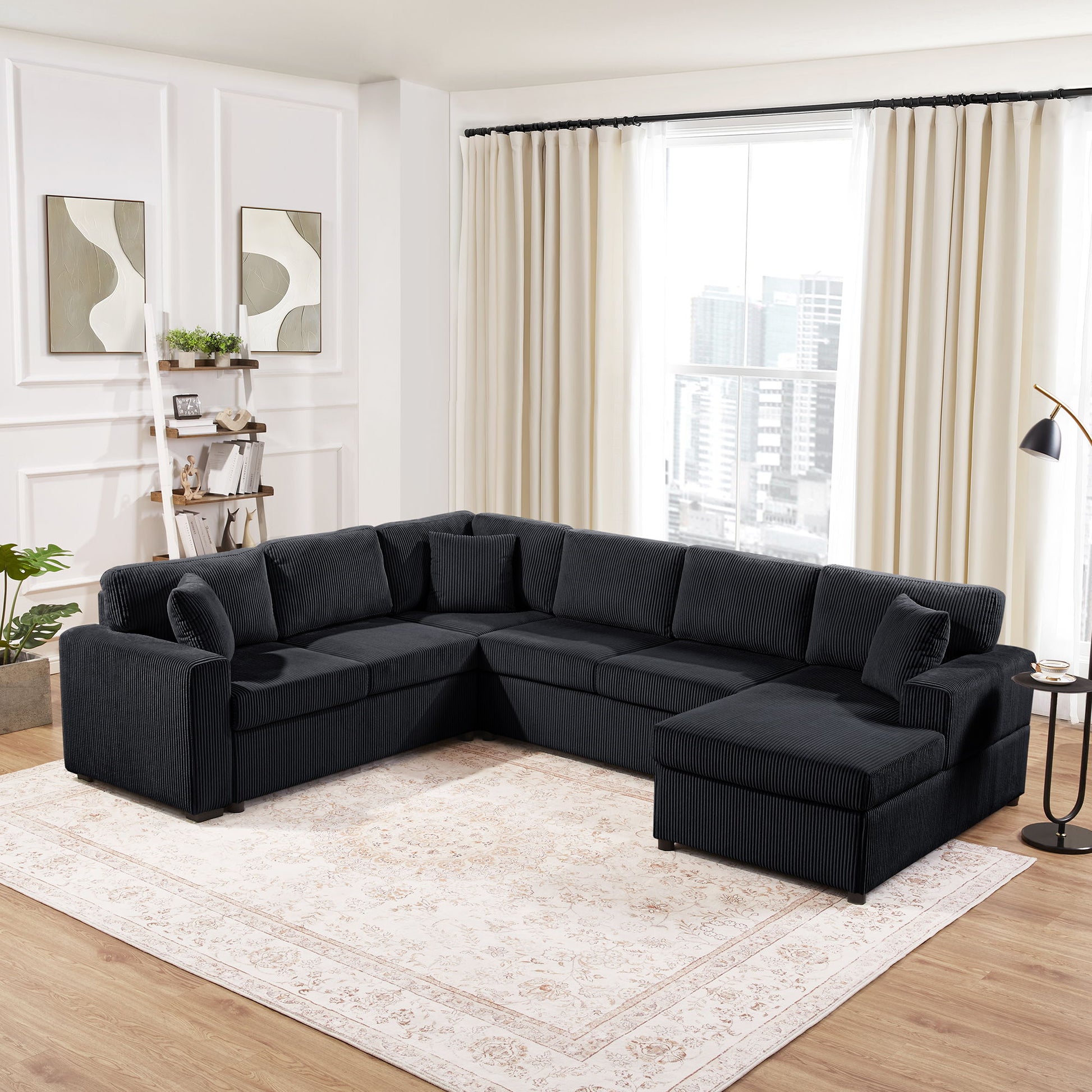 Oversized Sectional U-Shaped Sofa With Chaise Lounge And Three Soft Throw Pillows Hearth and Haven