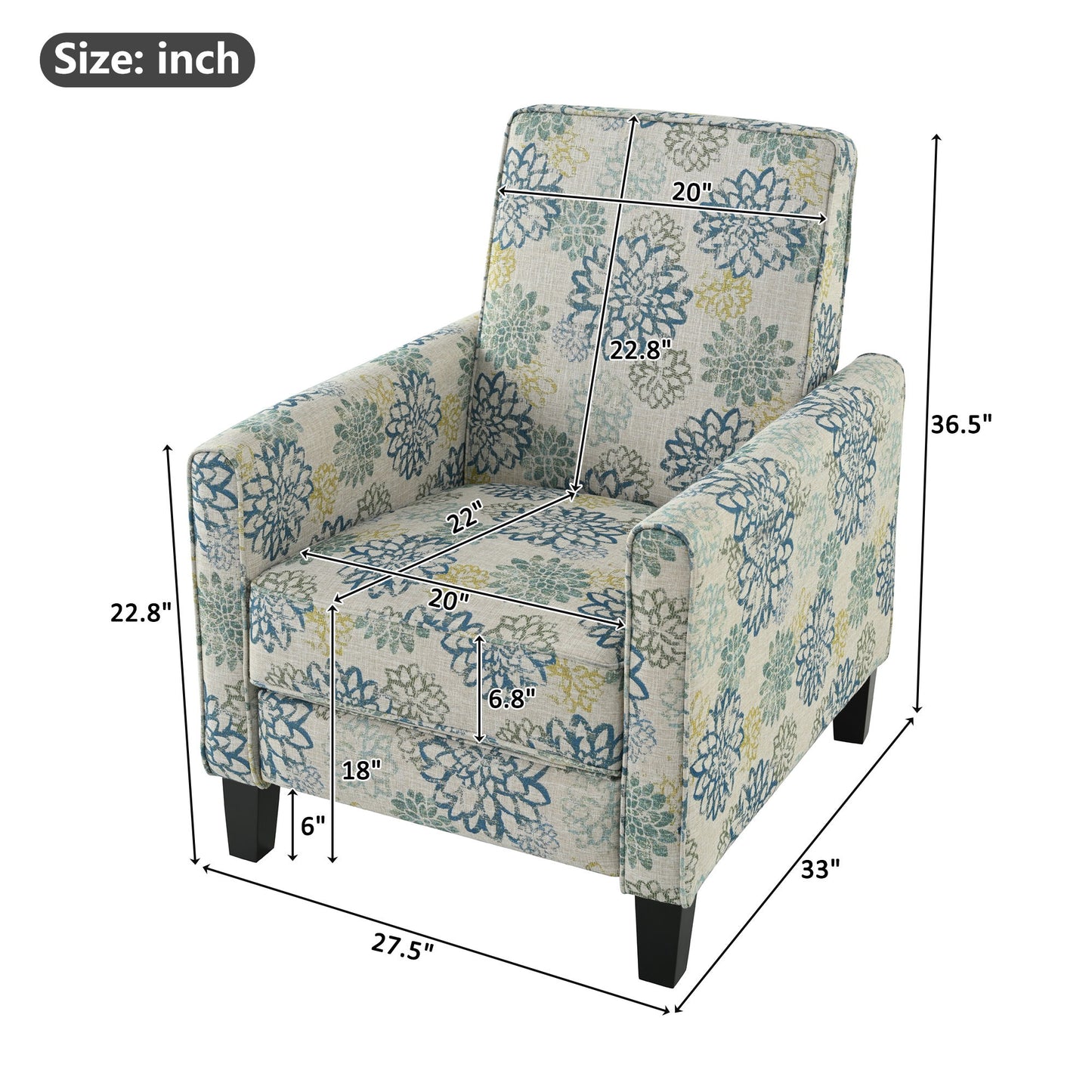 Upholstered Push Back Recliner Chair For Living Room - Blue Noble House