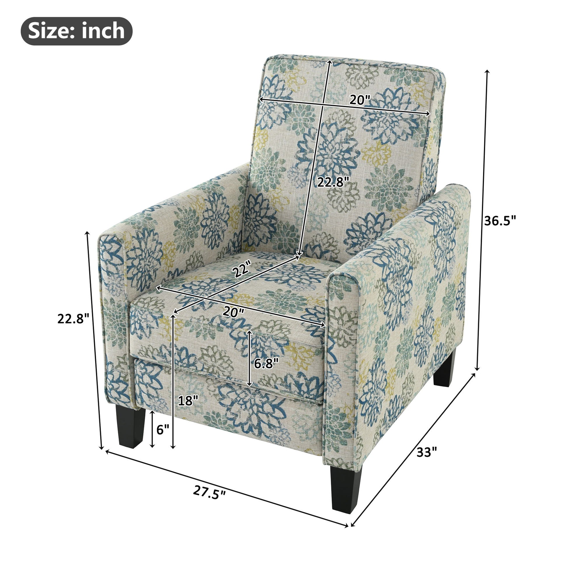 Upholstered Push Back Recliner Chair For Living Room - Blue Noble House