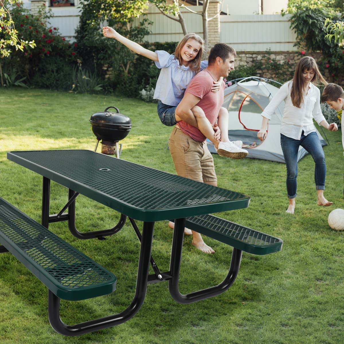 Outdoor Steel Picnic Rectangular Table With Umbrella Pole Home Essentials