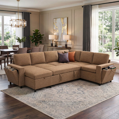 U - Shaped Convertible Sectional Sofa Bed With Storage, USB Charger & Cup Holders Hearth and Haven