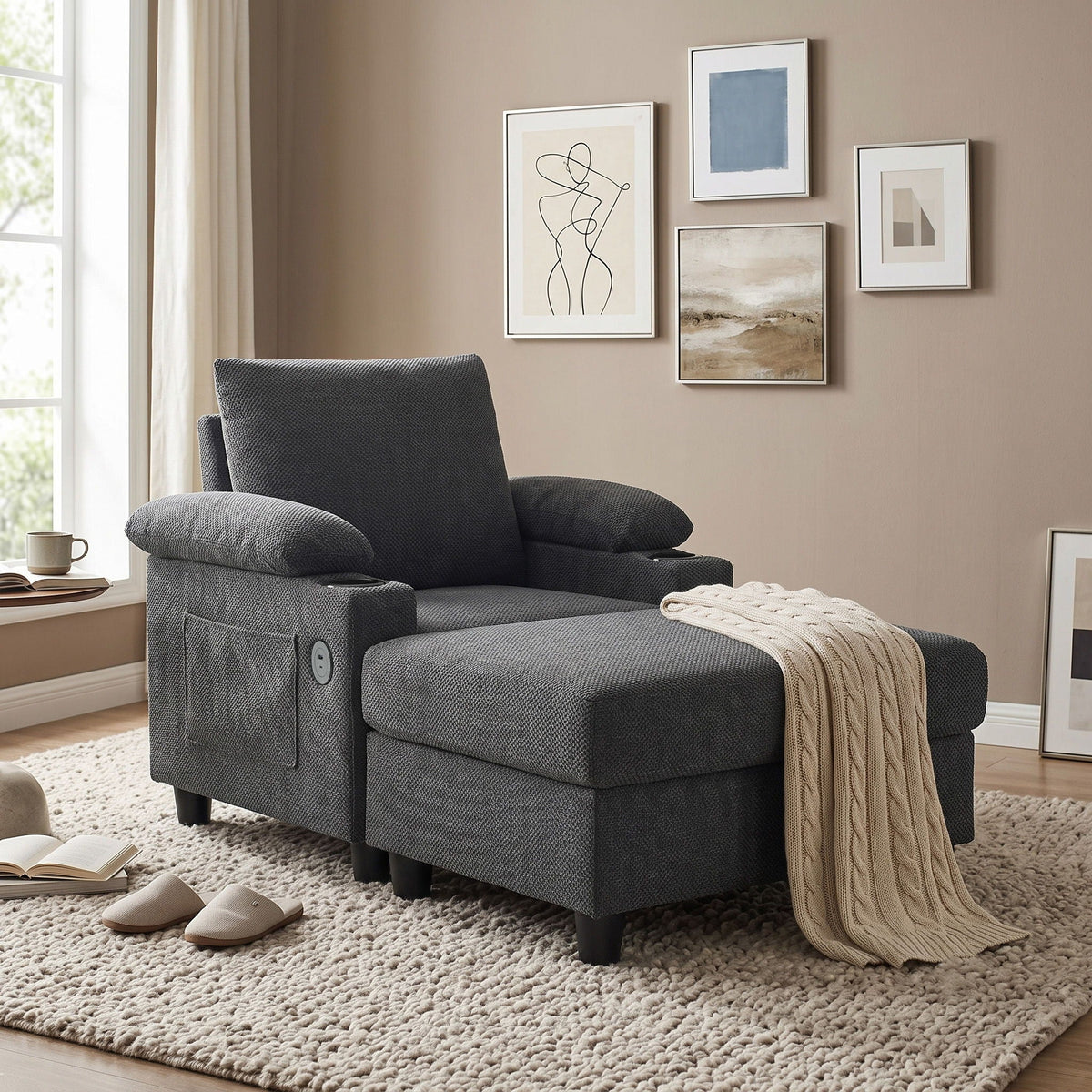 Accent Chair With Storage Ottoman, Reclining Single Chaise Lounge With Cupholders And USB, C Ports Home Essentials