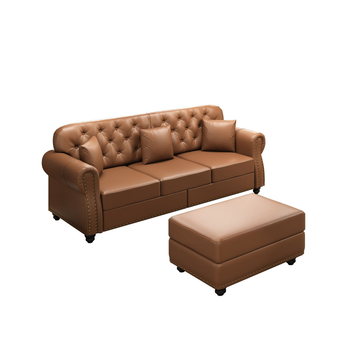 Upholstered Sofa With Nailhead Trim, Rolled Armrests With Ottoman Home Essentials