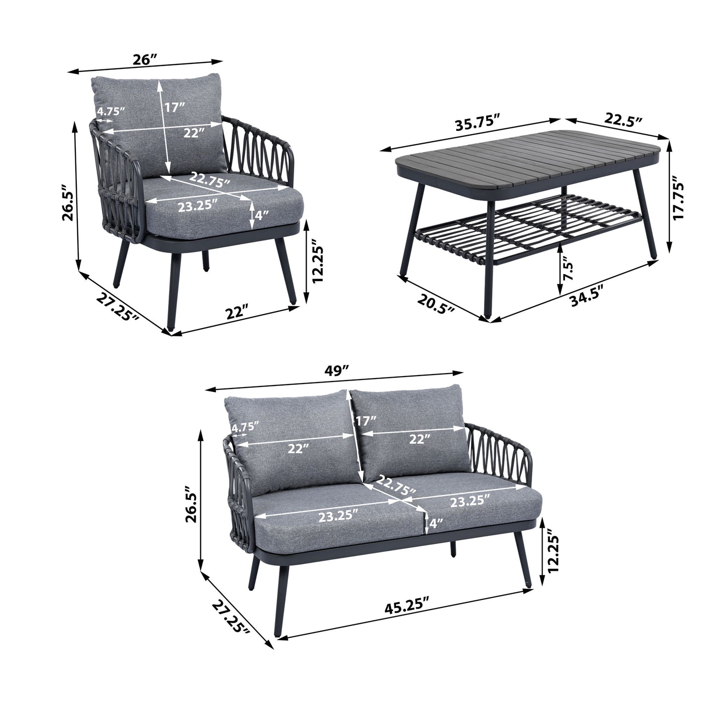4 Piece Outdoor Patio Furniture Set, Metal Chairs With Woven Rope U Shaped Backrest Noble House