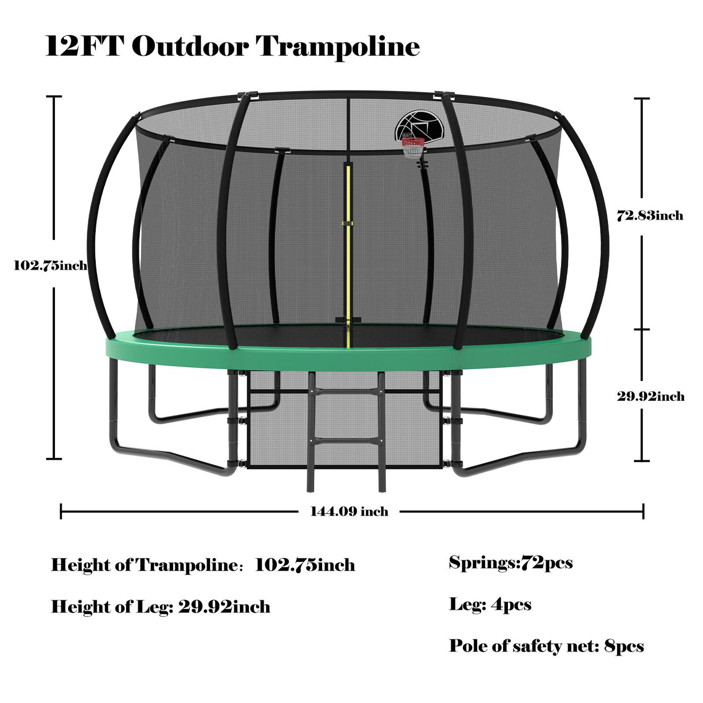12' Recreational Kids Trampoline With Safety Enclosure Net & Ladder, Outdoor Recreational Trampolines Daily Nest