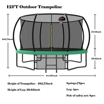 12' Recreational Kids Trampoline With Safety Enclosure Net & Ladder, Outdoor Recreational Trampolines Daily Nest