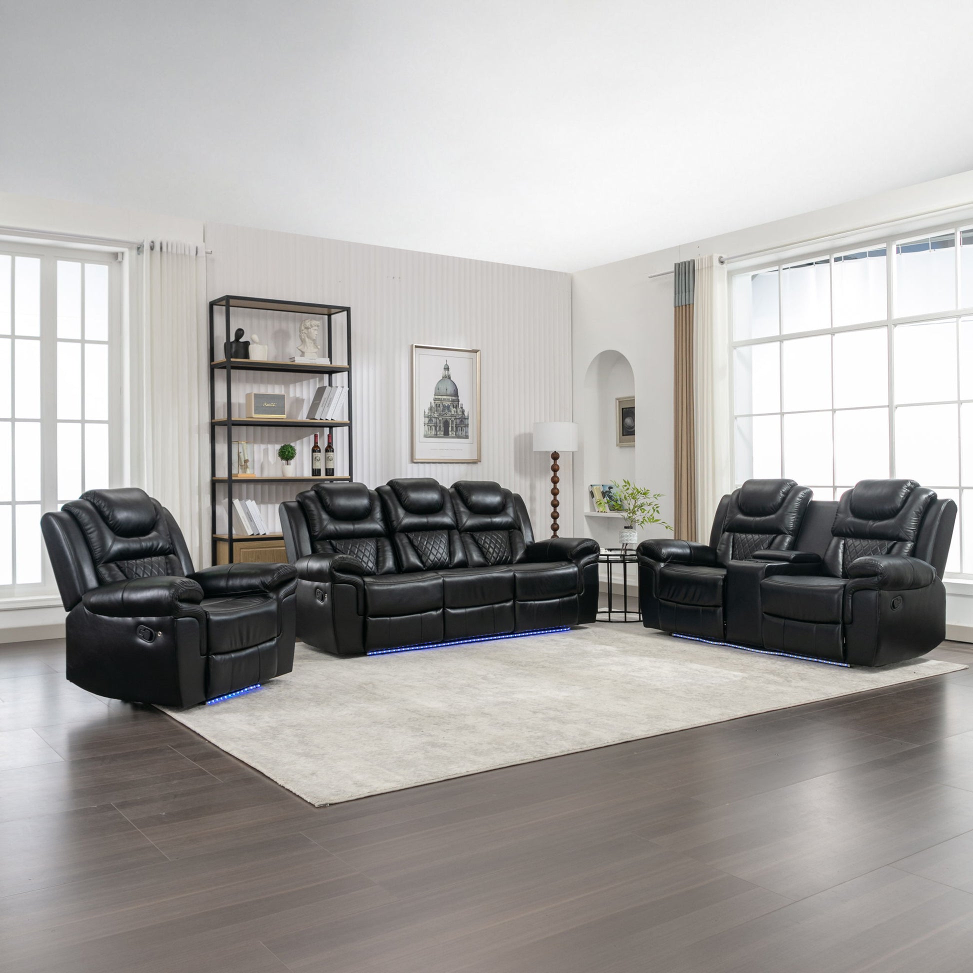 3 Pieces Recliner Sofa Sets Home Theater Seating Manual Recliner Chair With Center Console And LED Light Strip For Living Room Hearth and Haven