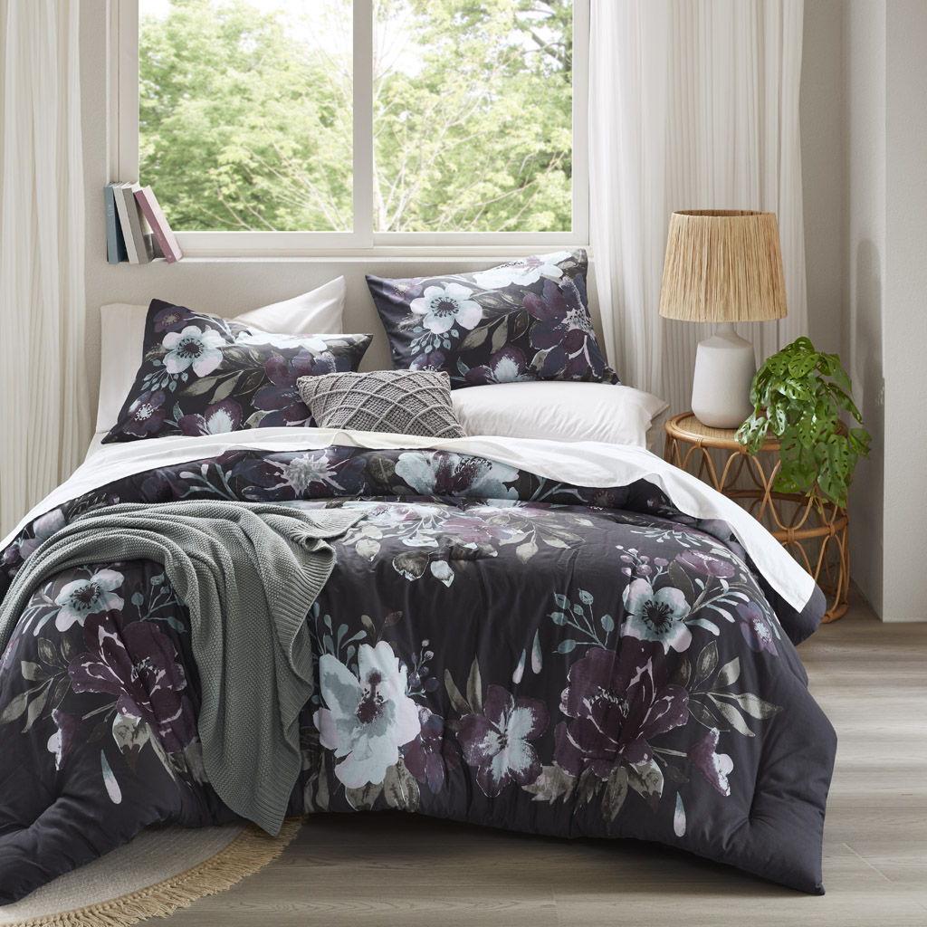 Jolene - 3 Piece Full/Queen Printed Comforter Set - Dark Gray/Plum Madison Park
