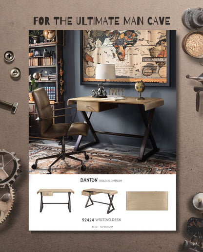 Danton - Aluminum Top Grain Leather Rectangular Writing Desk - Gold Acme