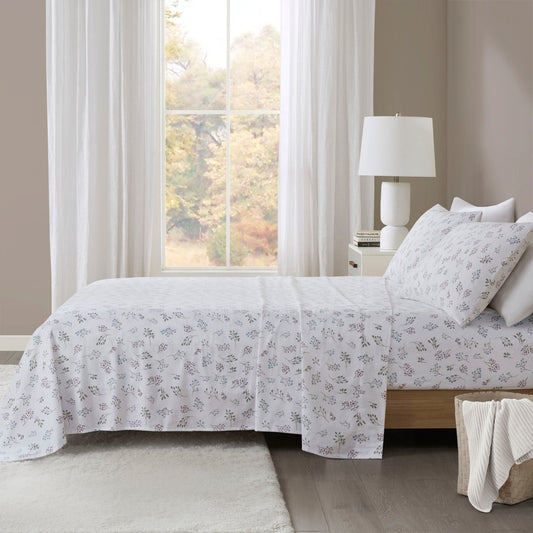 Cozy Cotton Flannel - California King Printed Sheet Set - White Tossed Botanical True North by Sleep Philosophy