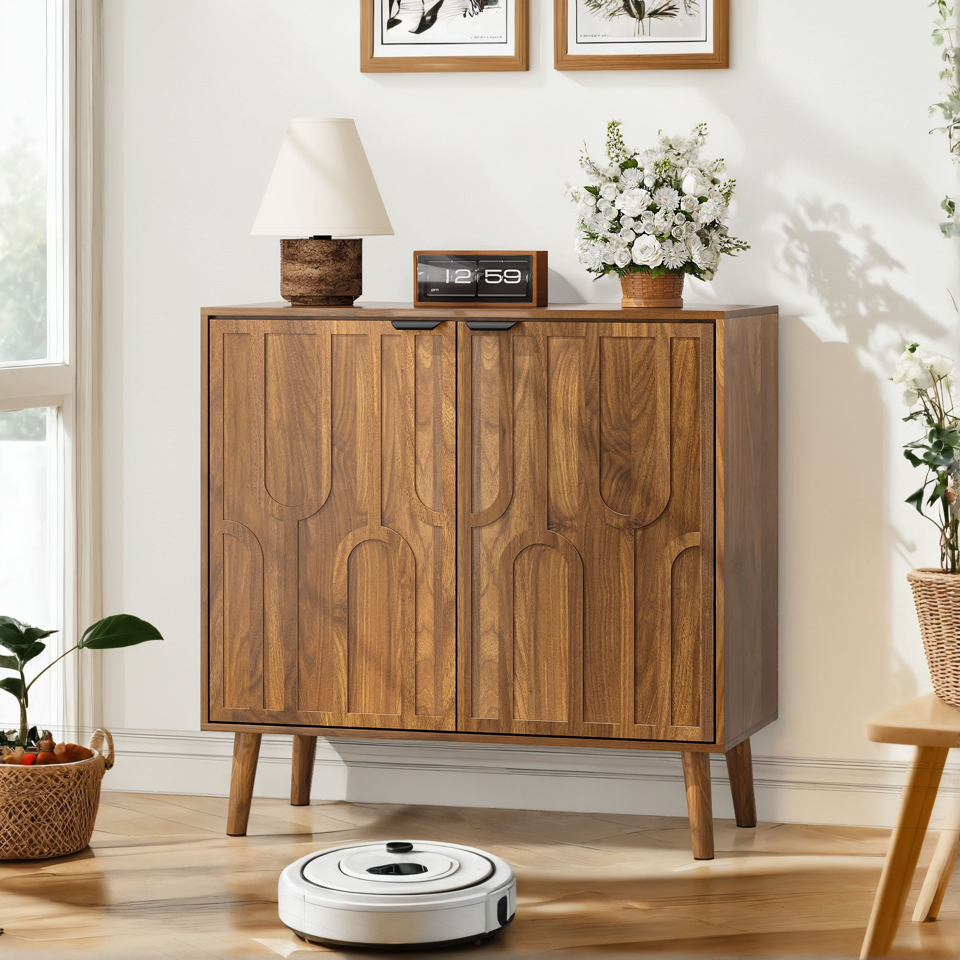 Farmhouse Style Sideboard Buffet Cabinet With Storage Bar Cabinet - Walnut Home Essentials