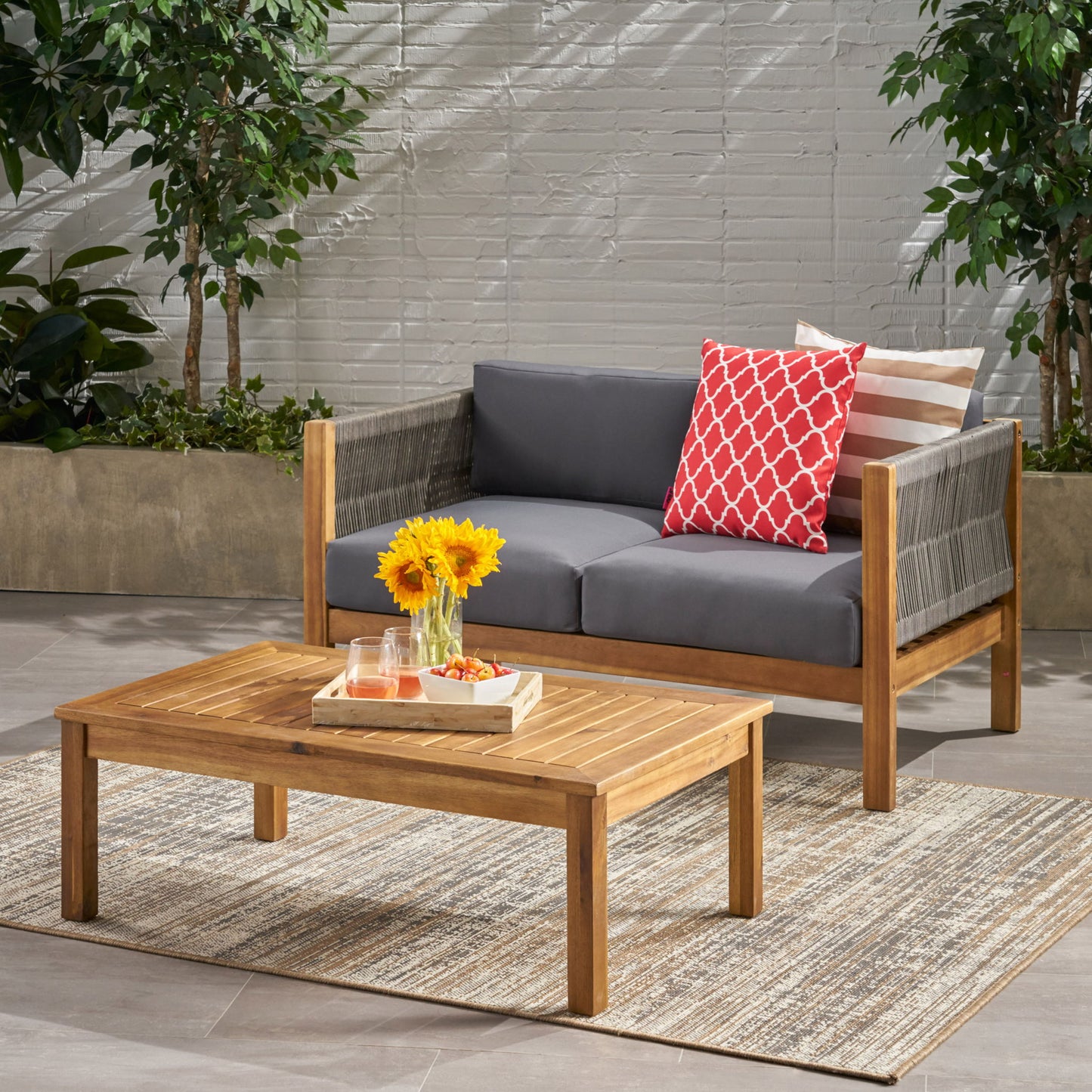 Charlotte - Outdoor And Rope 4 Seater Chat Set With Cushions - Teak Noble House