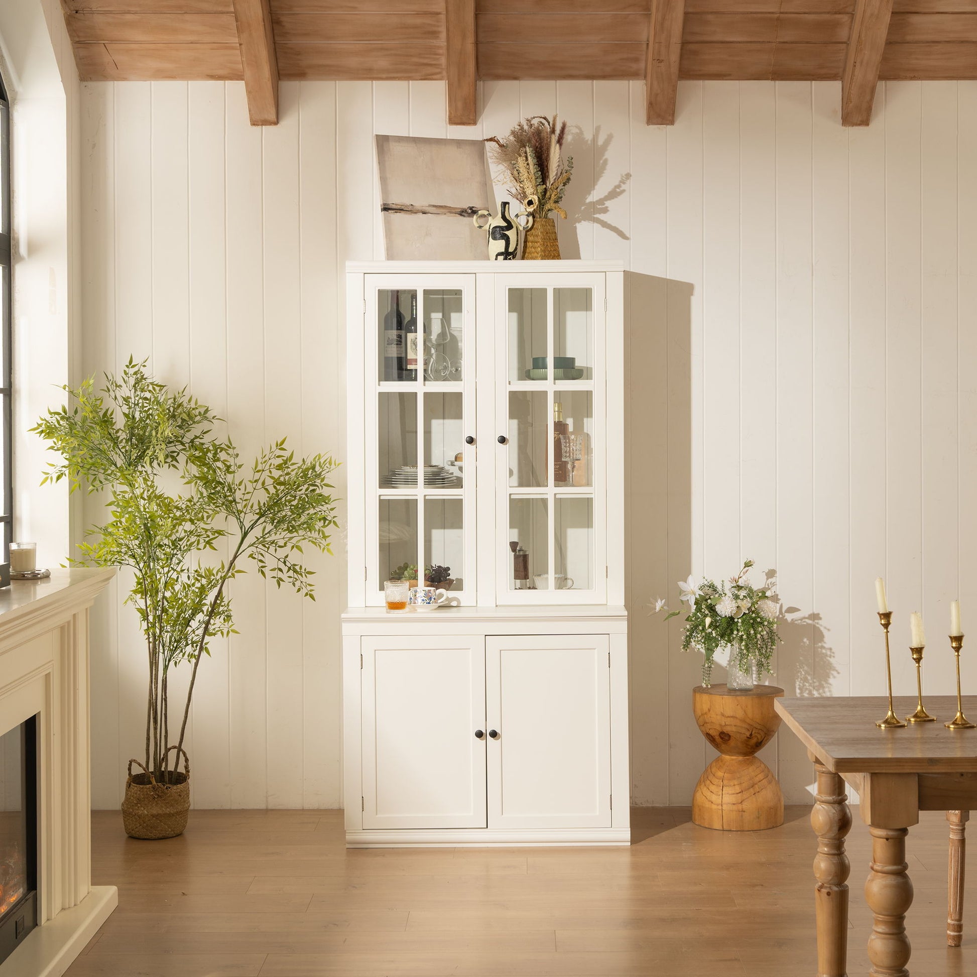 Retro Style Hutch Cabinet With Glass Door, China Cabinet For Home Hearth and Haven