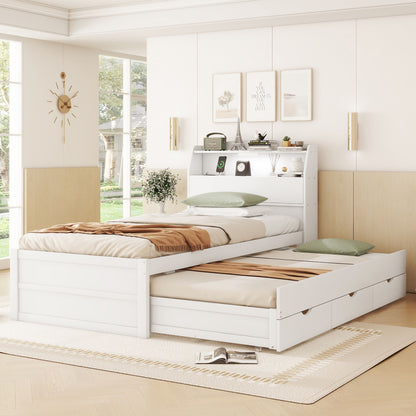 Wooden LED Platform Bed With Trundle, With Storage Headboard, With Drawers