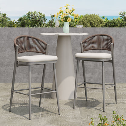 Outdoor Bar Height Metal Frame Counter Stools With Scallop Shaped Backrest & Water Resistant Cushions Noble House