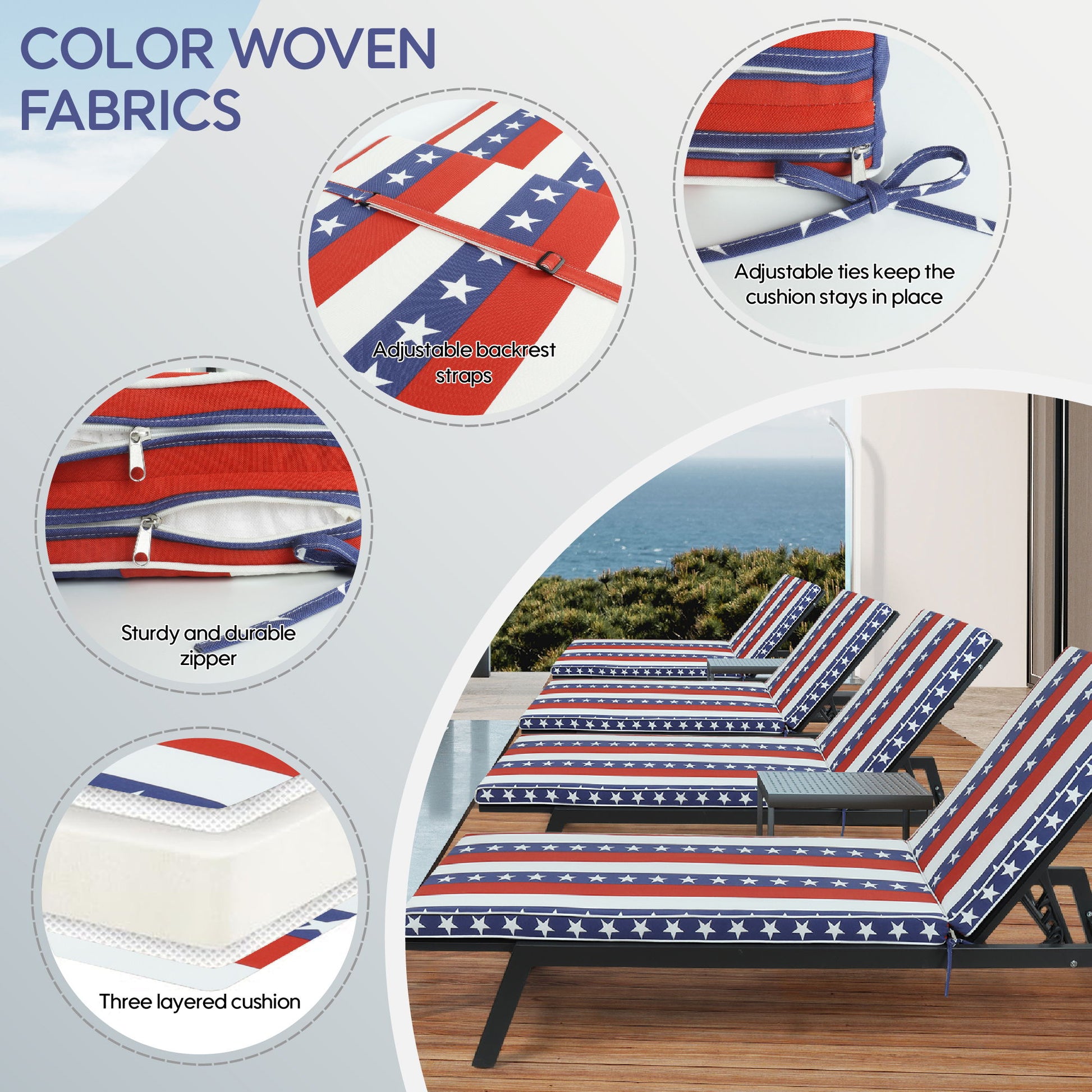 2 Piece Outdoor Chaise Lounge Cushion Set, Replacement Cushions For Patio Furniture, Flag - Red Striped Home Essentials