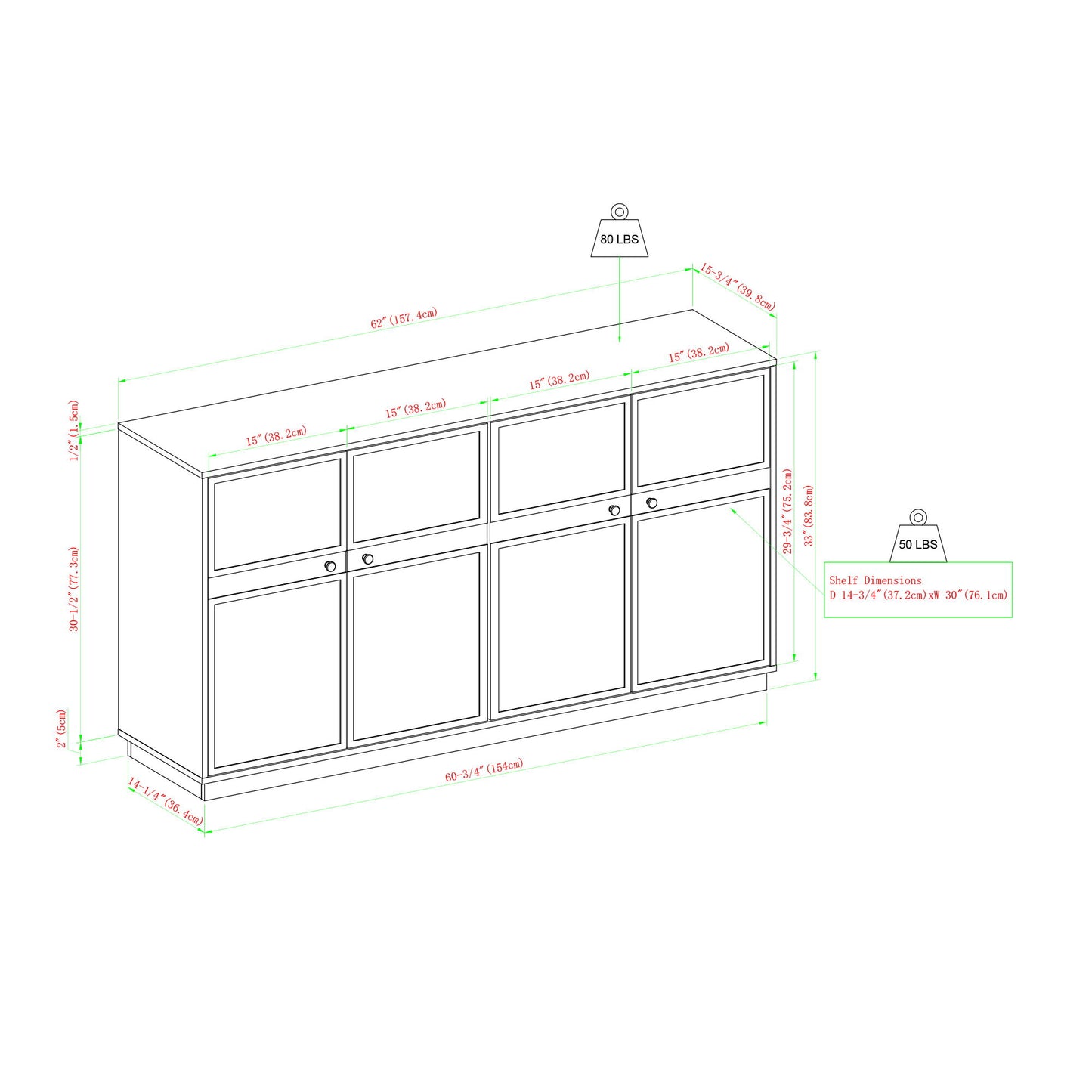 Classic Framed 4 Door Sideboard - Birch