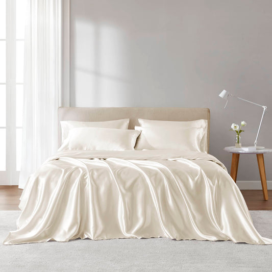 Satin - California King Wrinkle - Free Luxurious 6 Piece Sheet Set - Ivory Madison Park Essentials