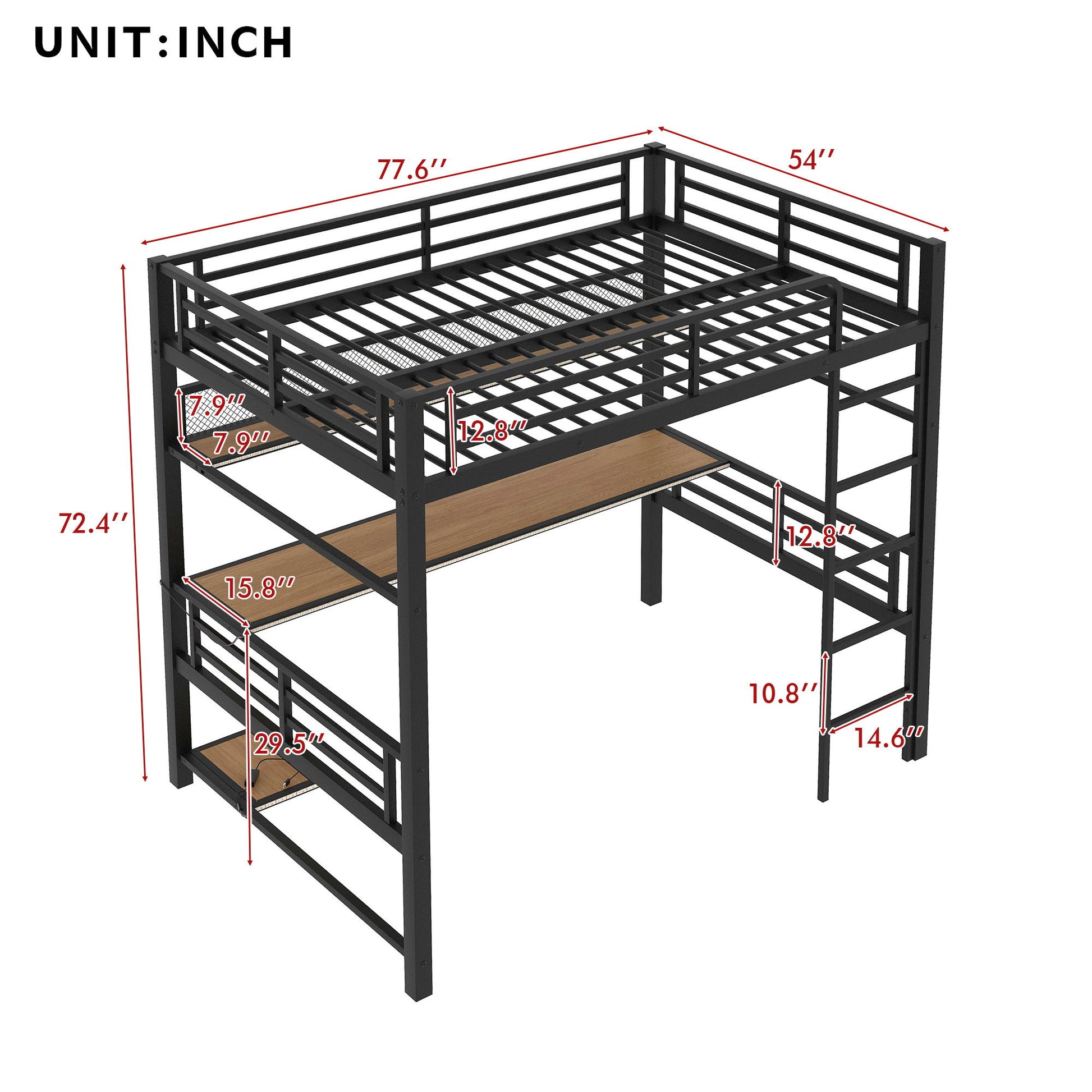 Full Size Loft Bed Frame With Storage Shelf And LED Light - Black Dreamland