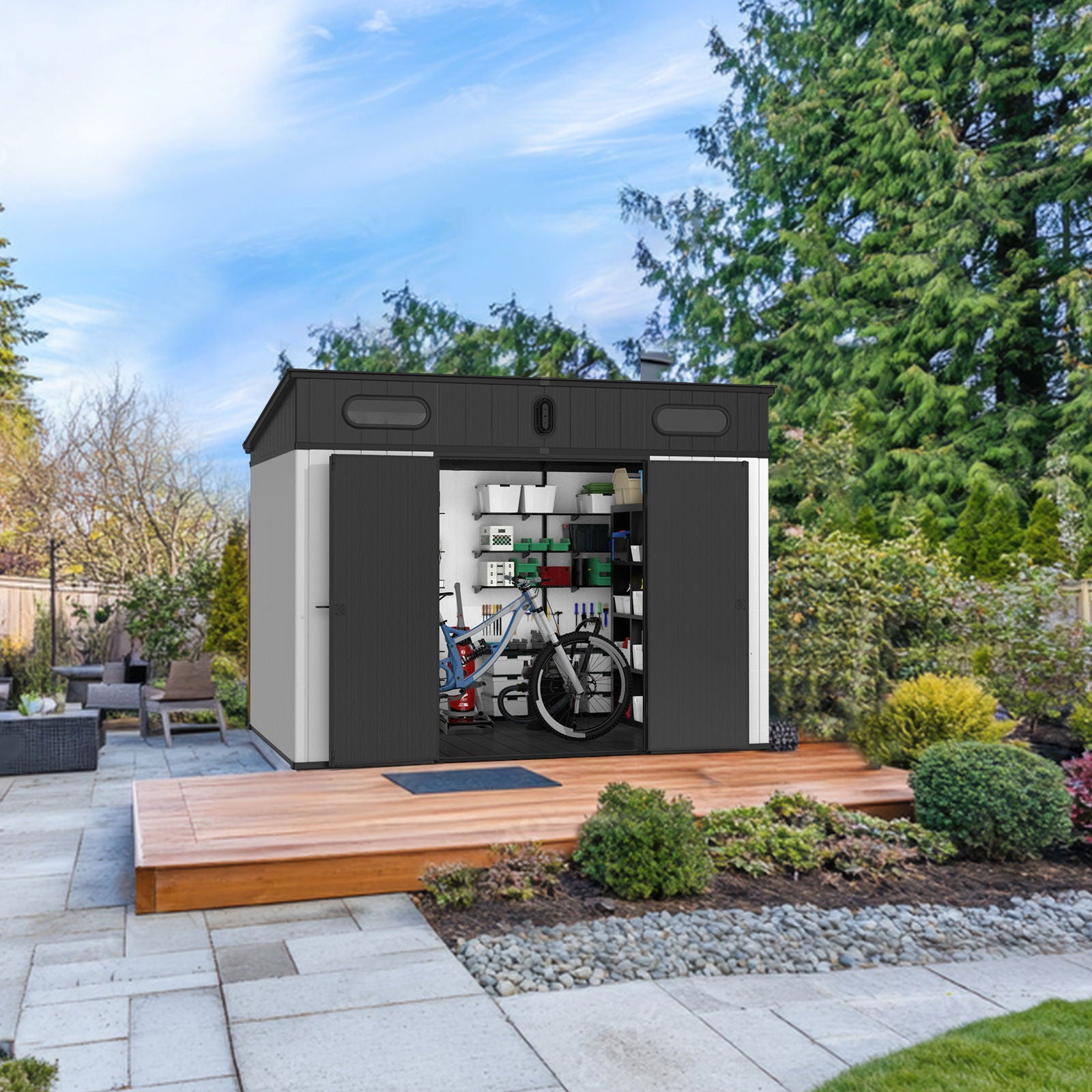 10 Ft. W X 7 Ft. D Plastic Storage Shed With Floor - Black / Gray Daily Nest