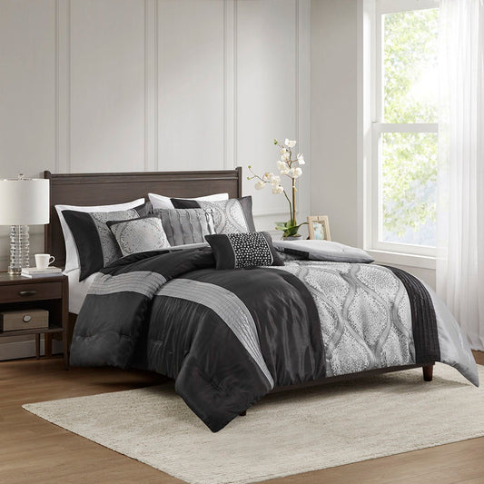 Lori - 6 Piece Jacquard Comforter Set With Throw Pillows - Black/Silver Madison Park
