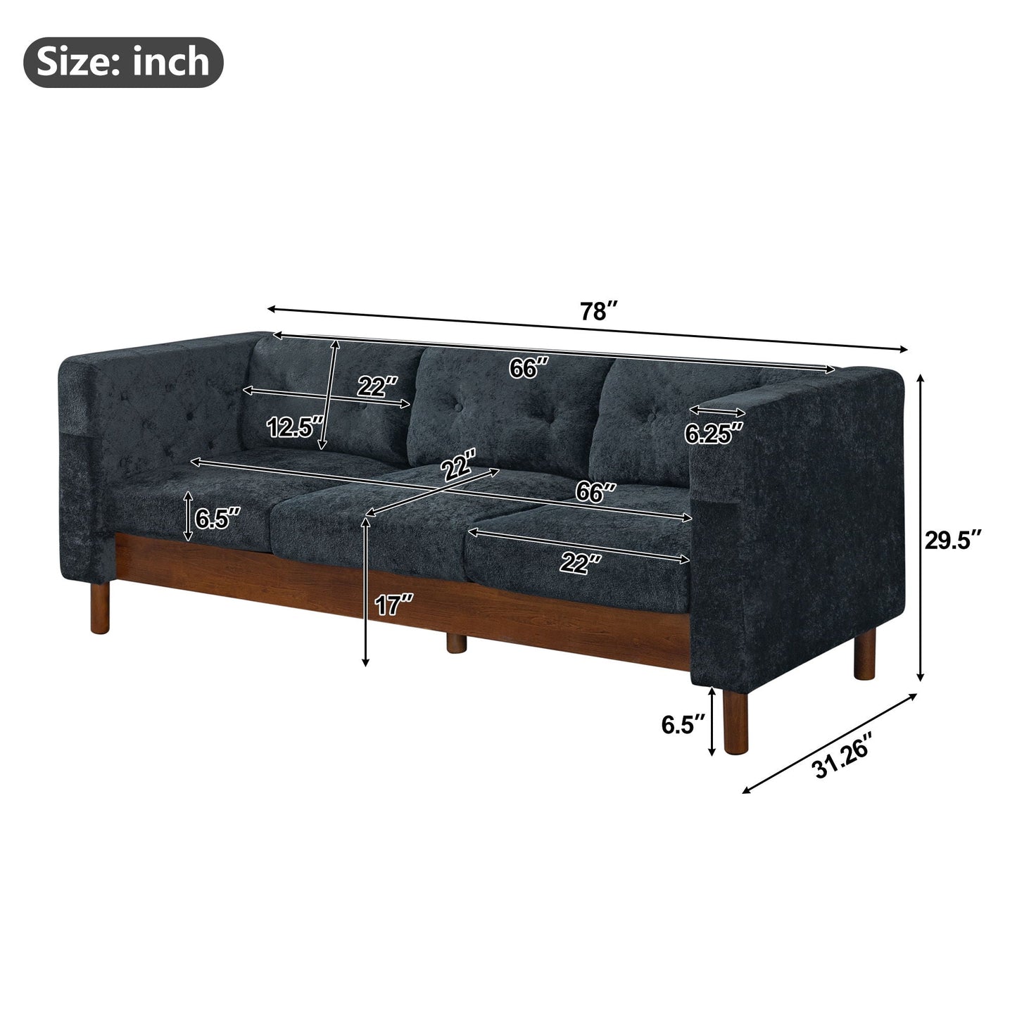 3 Seater Sofa With Square Arms, Tufted Pillow Back For Living Room Noble House