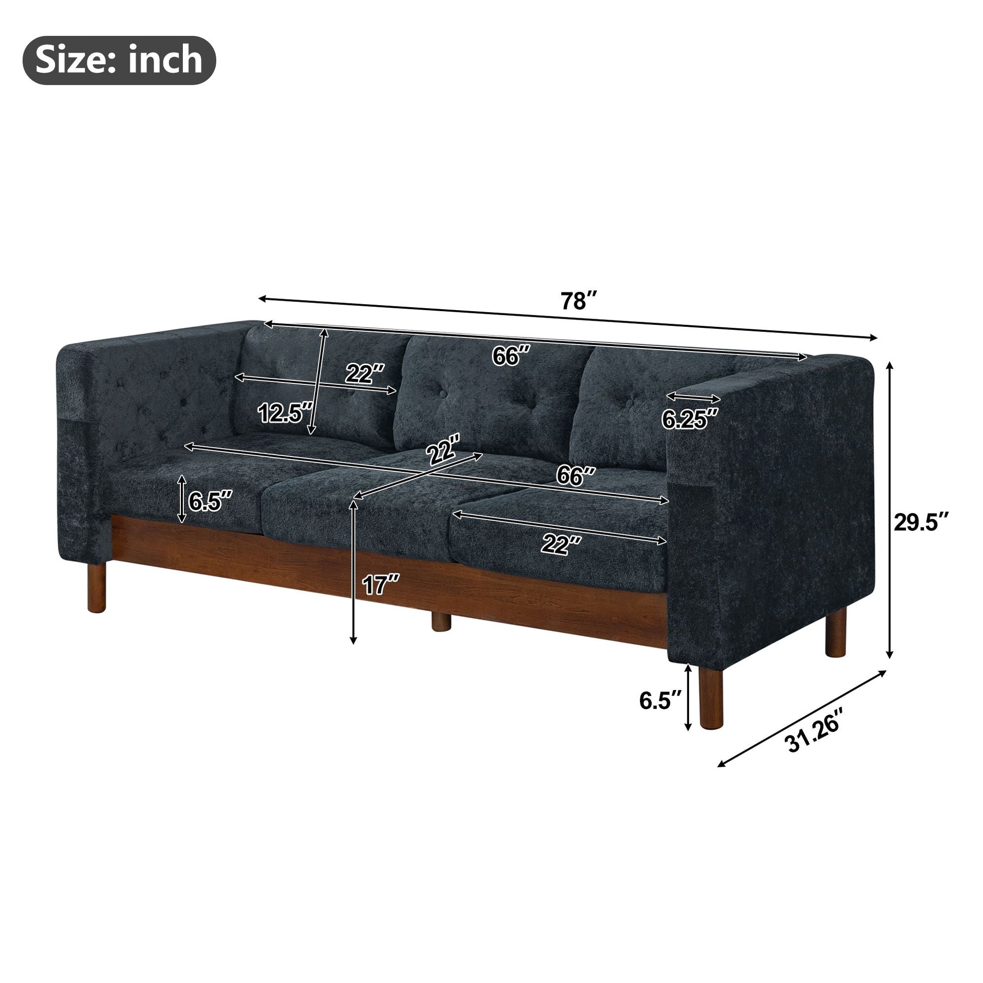 3 Seater Sofa With Square Arms, Tufted Pillow Back For Living Room Noble House
