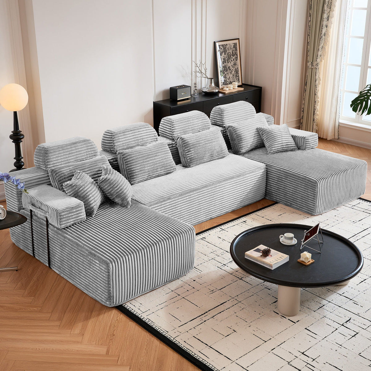 Sectional Sleeper Sofa & Storage Pockets, Modular Couch With Throw Pillows For Living Room Home Essentials