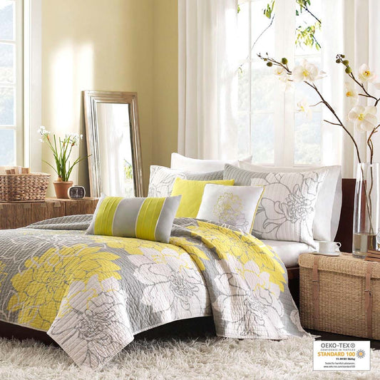 Lola - King 6 Piece Reversible Printed Coverlet Set - Yellow Madison Park