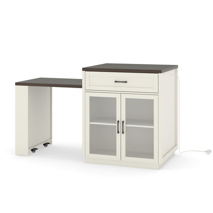 Extendable Kitchen Island With Slide Out Table And Storage Racks For 2 - 6 Person, Power Outlet, Bar, Prep Station - Creamy White / Walnut Home Essentials