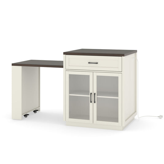 Extendable Kitchen Island With Slide Out Table And Storage Racks For 2 - 6 Person, Power Outlet, Bar, Prep Station - Creamy White / Walnut Home Essentials